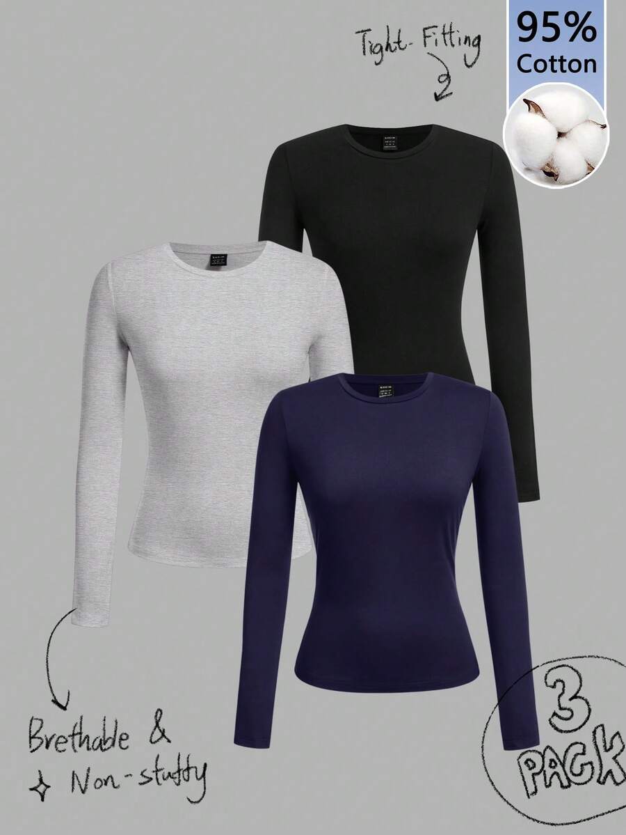 Tseoso Bộ 3 áo thun dài tay cổ tròn ôm vừa vặn thường ngày dành cho nữ, 95% cotton, đen, xám pha, xanh navy - Nhiều màu - Xem 1