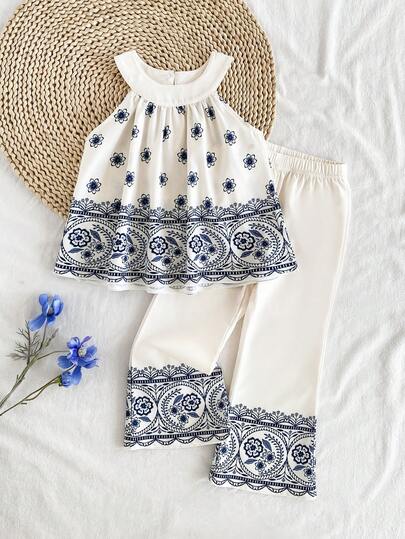 Vintaside Kids Young Girls' Pattern Sleeveless Top & Floral Retro Print Pants 2-Piece Set, Loose Fit Suitable For Outings, Casual Wear, Holidays And Parties