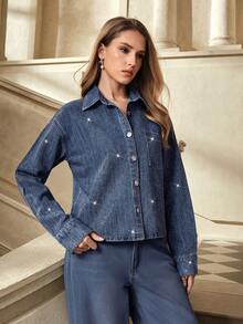 Selenza Women's All-Over Print Button Front Long Sleeve Denim Trench Coat - Blue - View 5