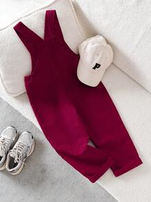 女童灯芯绒休闲纽扣口袋背带连体裤 - 酒紅色 - 查看 2