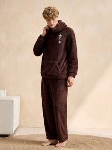 Men's Drop Shoulder Long Sleeve Hooded Warm Pockets Winter Pajama Set - Multicolor - View 3