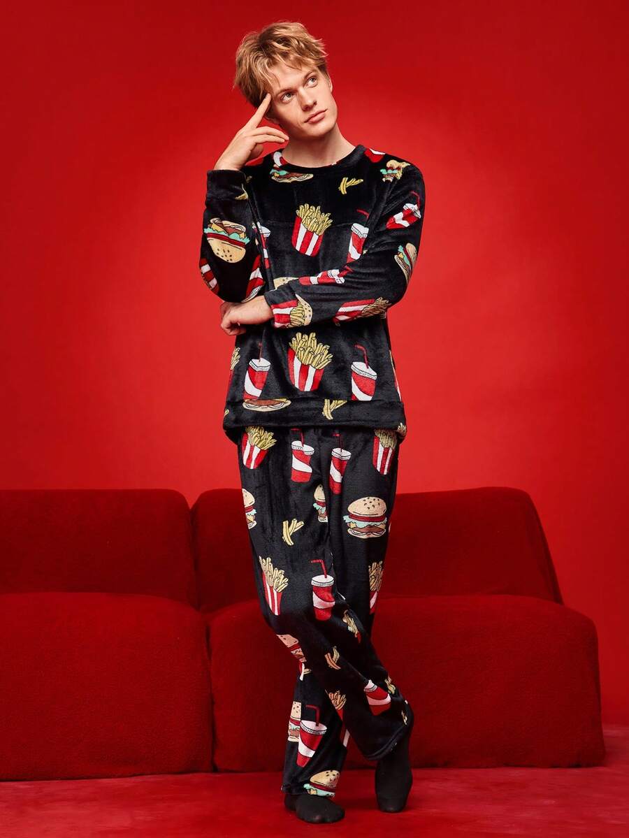 Notgurli Pluszowy, zabawny zestaw piżamowy dla mężczyzn z burgerem, frytkami, napojem gazowanym i popcornem - Wielokolorowe - Zobacz 1