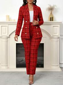 SHEIN Lady Bộ đồ hai mảnh vải tuýt đen in họa tiết dành cho nữ Bộ đồ hai mảnh thanh lịch dành cho nữ khi đi làm - Đỏ - Xem 2