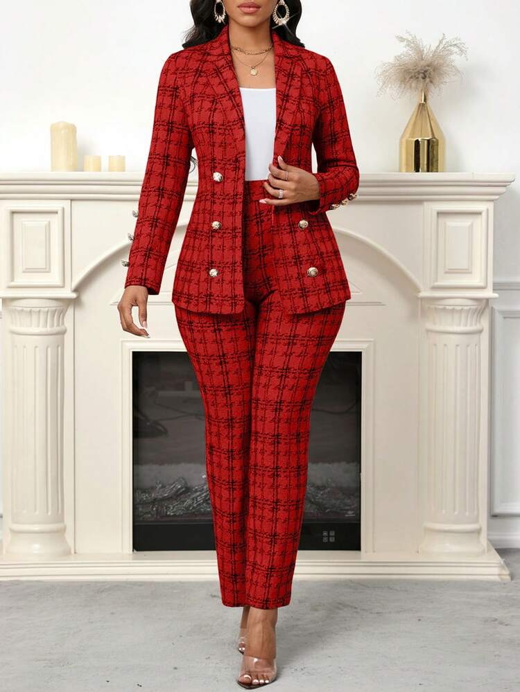 SHEIN Lady 黑色粗花呢印花女士两件套优雅通勤套装 - 紅色 - 查看 2