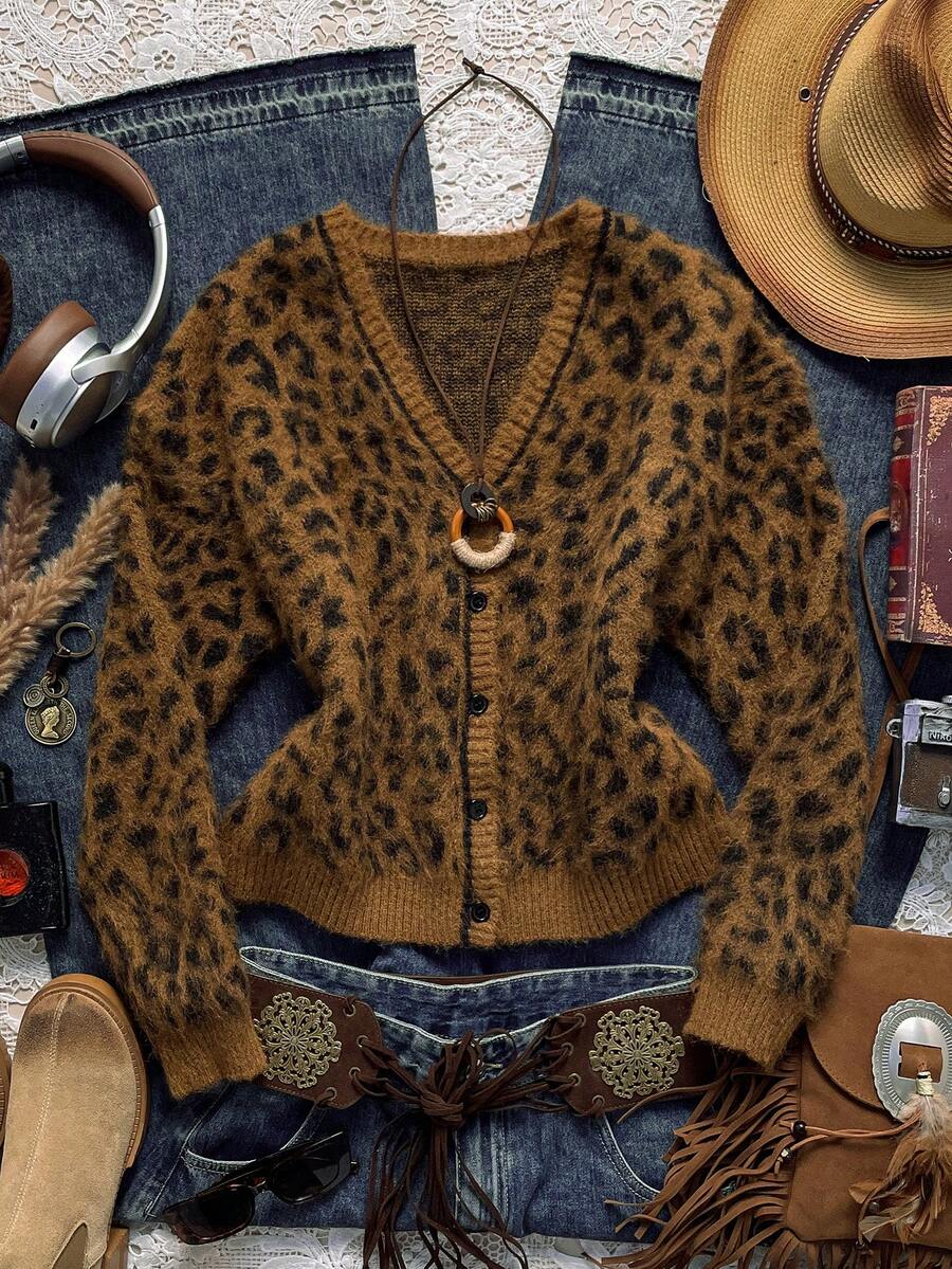 Easelle Cardigan à col en V et boutons femme, imprimé léopard, automne/hiver - Tabac - Voir 1