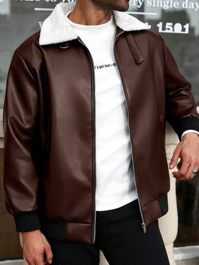 Manfinity Homme Plus Size Men's Solid Color Long Sleeve PU Leather Lined Jacket