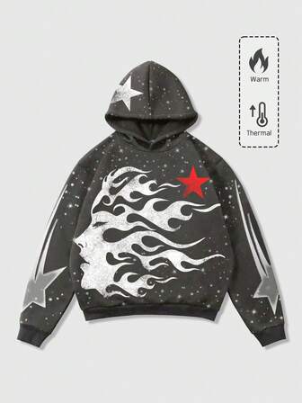 Street Life Sudadera con capucha casual de manga larga con estampado de pentagrama para adolescentes