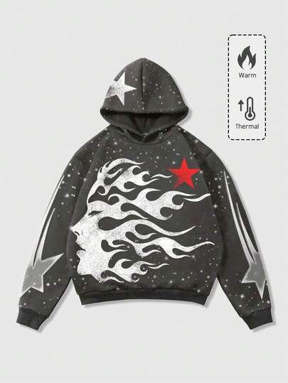 Street Life Teen Boy Pentagram Print Long Sleeve Casual Hoodie