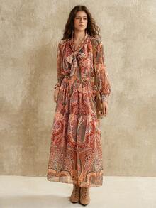 Florisole 女士印花休闲度假长袖连衣裙 - 橘色 - 查看 4