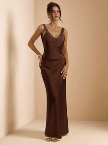 SHEIN BAE Butter Yellow Backless Tie Strap Fitted Satin Mermaid Dress, Elegant Formal Gown For Brunch, Bridesmaid, Party, Cocktail, Wedding, Birthday