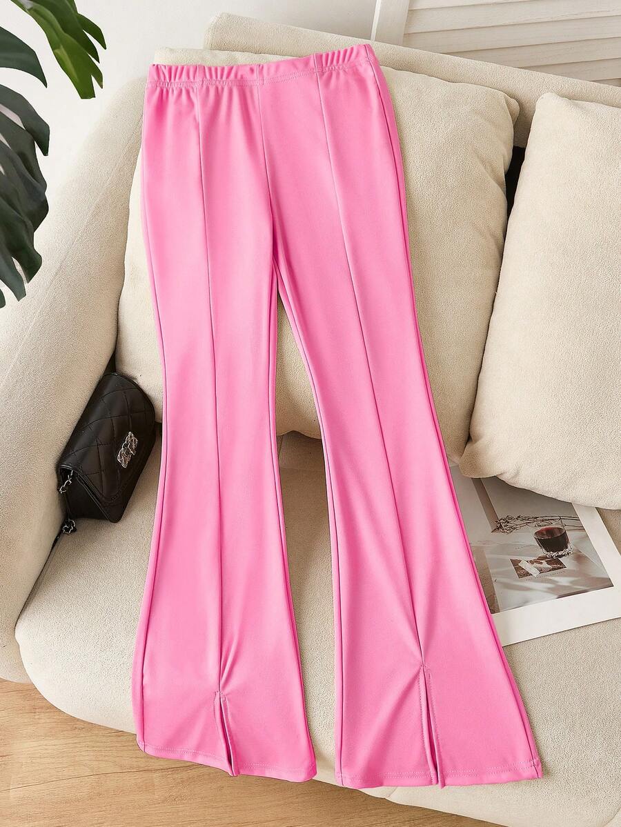 SHEIN Tween Girls' Simple Fashionable Flared Casual Solid Color Pants - Pink - View 1