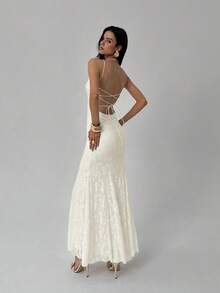 Aloruh 女士纯白色露背系带镂空鱼尾连衣裙，适合春夏、度假、婚礼季穿着。 - 米色 - 查看 2