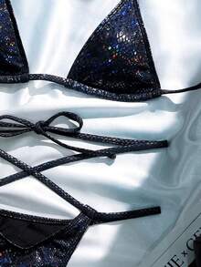 Swim SXY 两件套彩色蛇纹印花金属点缀迷你三角比基尼上衣和低腰交叉系带丁字裤，性感沙滩派对女装 - 藏蓝色 - 查看 8