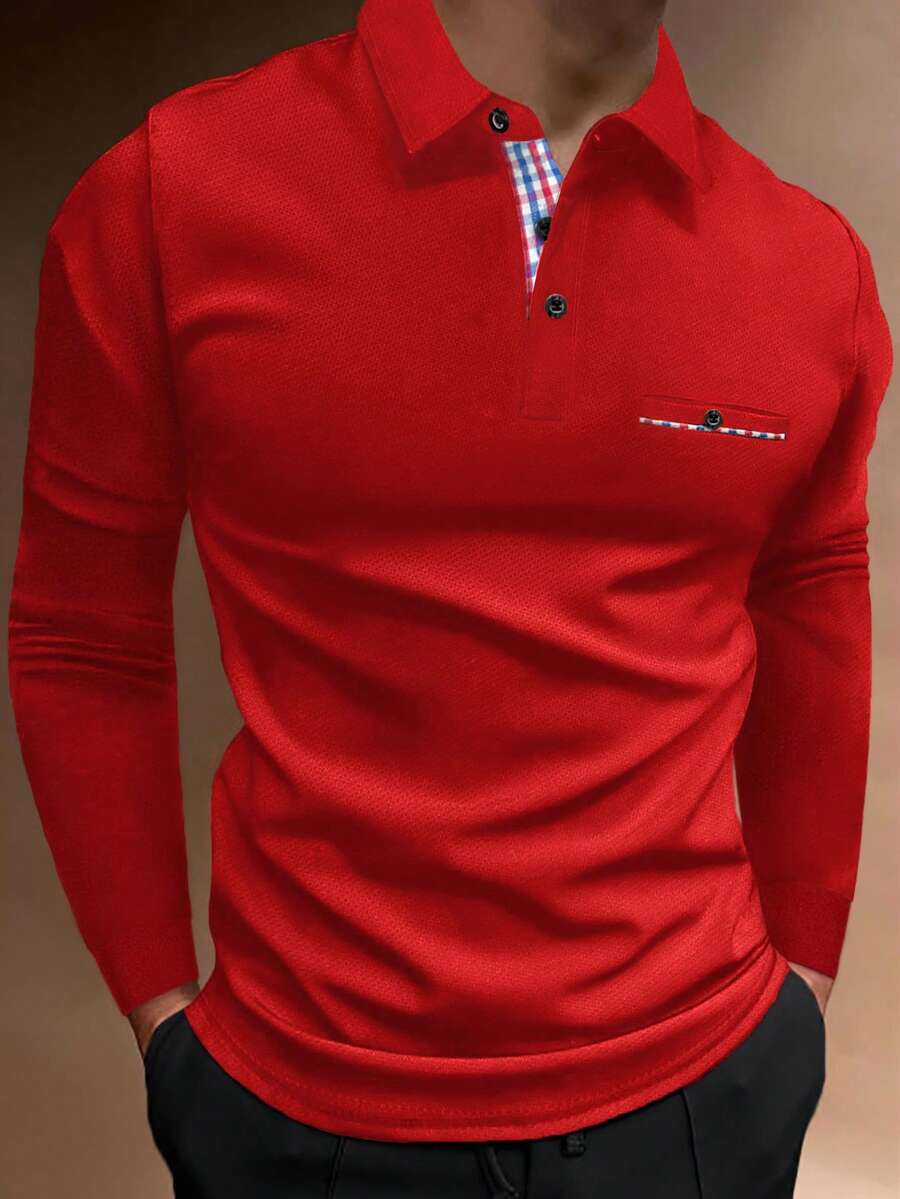 Manfinity Homme 男士格子拼接长袖休闲通勤 Polo 衫 - 紅色 - 查看 1