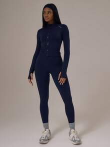 Musera Sport 运动无缝塑形紧身夹克高腰紧身裤套装冬季运动健身健身服 - 藏蓝色 - 查看 5