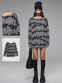 ROMWE Grunge Punk Autumn/Winter Fashion Punk Thorn Pattern Loose Pullover Sweater