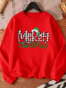 EMERY ROSE Plus Size Christmas Letter Graphic Round Neck Long Sleeve T-Shirt - Red - View 1