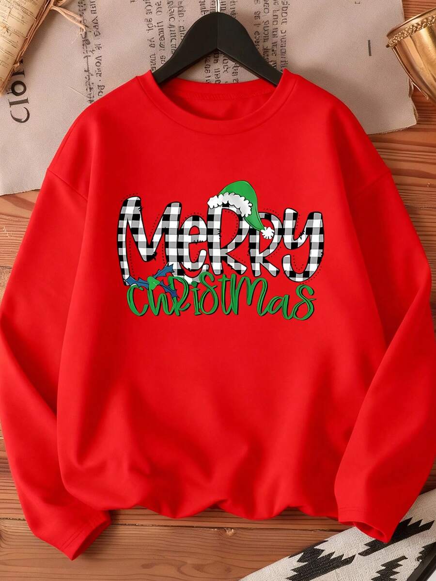 EMERY ROSE Plus Size Christmas Letter Graphic Round Neck Long Sleeve T-Shirt - Red - View 1