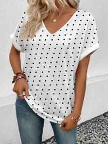 EMERY ROSE 女士新款波点印花V领短袖束口休闲百搭T恤，春夏款 - 彩色 - 查看 6