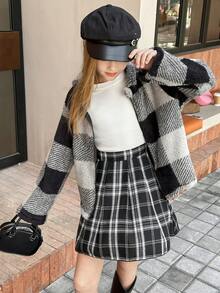 SHEIN 女童毛绒格子对称图案连帽休闲百搭外套，适合日常穿着 - 黑色 - 查看 5