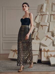 Anewsta Elegant Rope Knot Crochet Openwork Embroidered Gold Foil Skirt, Suitable For Summer, Beach, Festival, Holiday - Black - View 8