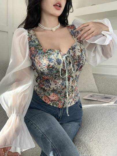 Feyla Women's Random Print Tie Front Sheer Long Sleeve Elegant Blouse