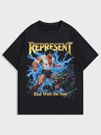 Camiseta negra de manga corta con estampado de personaje de anime y eslogan de monstruo, para uso casual, moda callejera y viajes diarios, verano