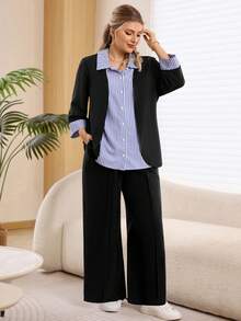 EMERY ROSE Plus Size Color Block Patchwork Front Button Casual Striped 2 Pieces Set Winter Outfit For Women Christmas Outfit For Women New Year Clothes Professional Clothes Women Sets Work Suits For Women Lounge Sets Woman Comfortable Two Piece Set Pant Suit Set Plus Valentine's Day, Mother Clothing, Comfortable And Casual Two Piece Suits Spring Break Outfits - Navy Blue - View 6
