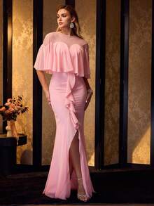 MOTF Soiréza WOMEN'S ELEGANT ROUND NECK CAPE SLEEVE CHIFFON FLOOR-LENGTH PARTY GOWN – RUFFLED TRIM MERMAID HEM DRESS WITH SLIT & SHEER BACK DETAIL, IDEAL FOR WEDDINGS, BIRTHDAYS & COCKTAIL EVENINGS, STYLE WITH DAINTY EARRINGS & STRAPPY HEELS - Pink - View 6