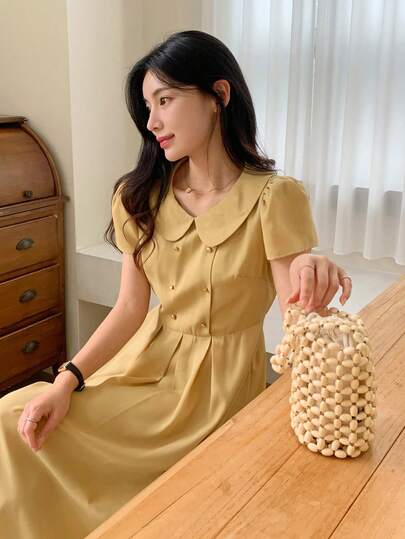 DAZY Women's Elegant Elegant Simple Solid Color Peter Pan Collar Puff Sleeve Waist Cinched Fold Pleated Flare Hem Dress, Summer