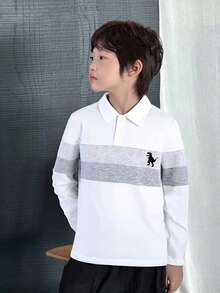 SHEIN Mirajuku Boys' Polo Shirt With Contrast Collar, Long Sleeve, Minimalist & Fashionable - White - View 9