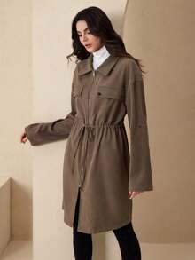 Graceveil Chaqueta casual larga con cremallera frontal, cuello con cordón, cuatro botones, bolsillos cargo y puños de manga de mujer en tela de twill marrón con forro polar - Marrón - Ver 6