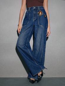 Anewsta Quần jeans ống đứng nữ màu xanh lãng mạn với họa tiết hoa 3D bằng kim loại, thích hợp cho ngày Valentine, mùa xuân/hè. - Rửa tối - Xem 6