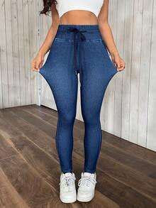 SHEIN PETITE Jeans de talle alto, lavados y de corte slim para mujer - Azul - Ver 1