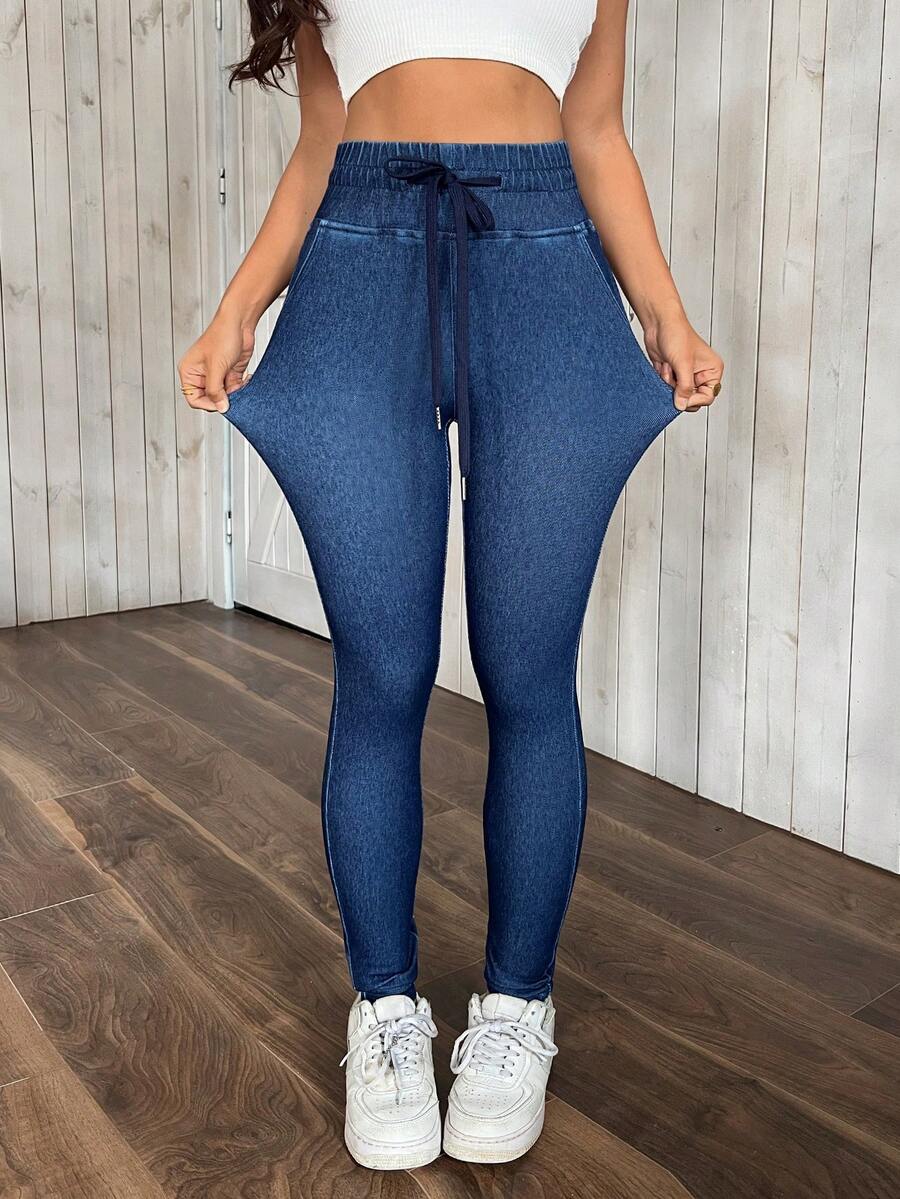 SHEIN PETITE Jeans de talle alto, lavados y de corte slim para mujer - Azul - Ver 1