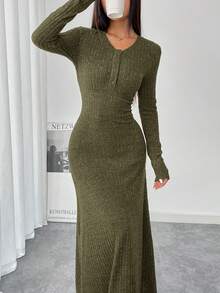 Mulvari 女士纯色连衣裙，适合通勤。 - 軍綠色 - 查看 6