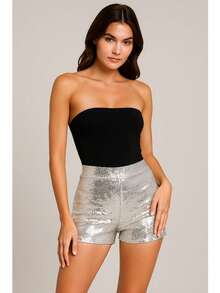 Short Sexy Lentejuelas Premium Brillantes Mujer Corte Alto Ajuste Estilizado Short Dama Ajustable Bolsas - plateado - Ver 1
