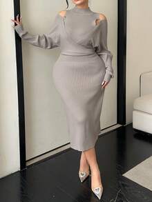 Dazy Plus Plus Size Women Solid Color Asymmetrical Cutout Shoulder Elastic Fitted Elegant Long Sweater Dress, Casual For Autumn/Winter - Khaki - View 6