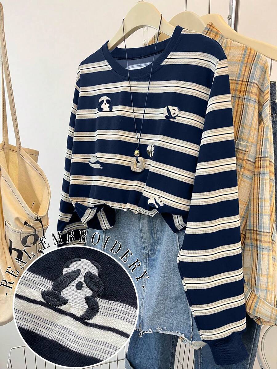 SHEIN 刺绣长袖圆领卫衣,撞色宽松休闲上衣,ins数码条纹印花长袖圆领卫衣 - 黑色 - 查看 1
