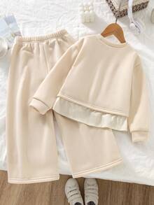 Genkimix Kids 2 peças/Conjunto Moletom Floral Cinza de Ajuste Folgado Estilo Coreano para Meninas com Decoração de Laço - Damasco - Visão 2