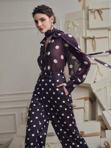 Anewsta 女士波点衬衫+阔腿裤两件套，优雅百搭的时尚设计 - 紫色 - 查看 1