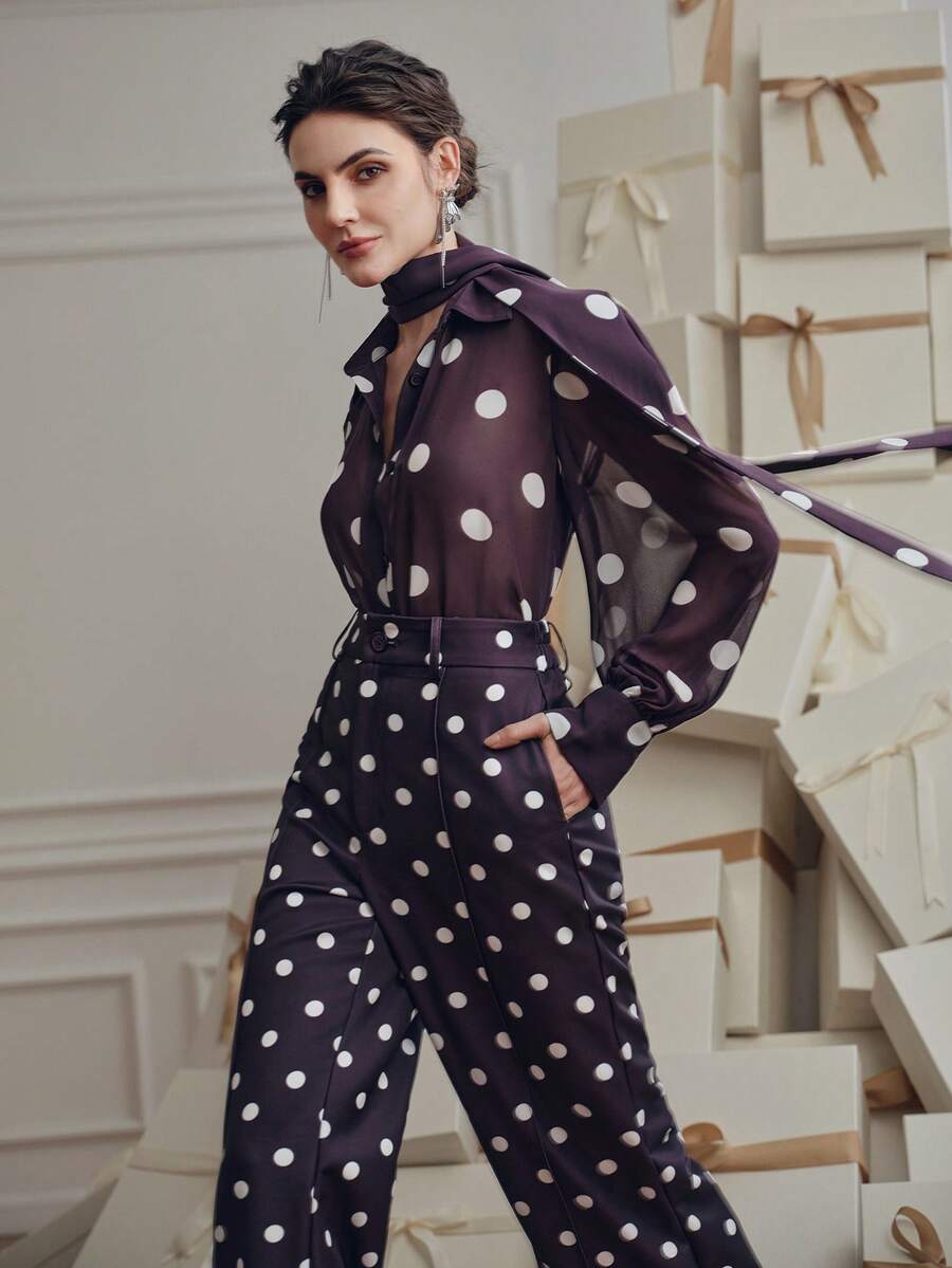 Anewsta 女士波点衬衫+阔腿裤两件套，优雅百搭的时尚设计 - 紫色 - 查看 1