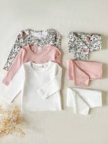 SHEIN Bộ 3 áo liền quần cổ tròn in họa tiết hoa toàn thân cho bé gái và quần legging gân màu tương phản - Nhiều màu - Xem 1