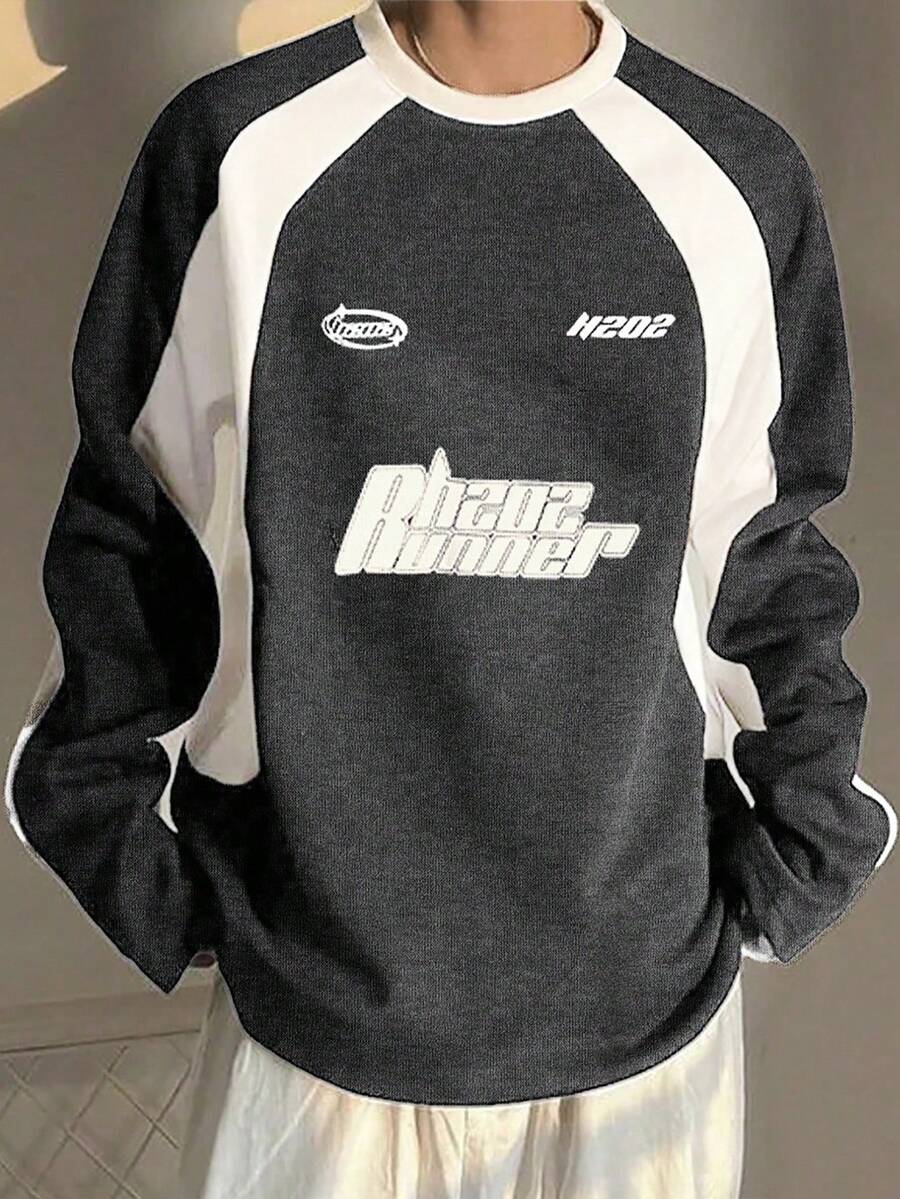 Claim Dot Áo nỉ nam thời trang thường ngày kiểu sinh viên, cổ tròn, phối màu tương phản, áo đua xe, áo nỉ thể thao cổ điển, áo thun dài tay nam, áo jersey - Màu xám đen - Xem 1