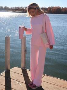 Sydney Algeri Women's Casual Solid Color Knitted Sweater And Pants 2 Pieces Set, Autumn/Winter - Baby Pink - View 4