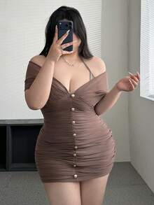 Vibekara Plus Size Sheer Mesh Patchwork Halter Neck Cold-Shoulder Short Sleeve Bodycon Dress - Mocha Brown - View 5