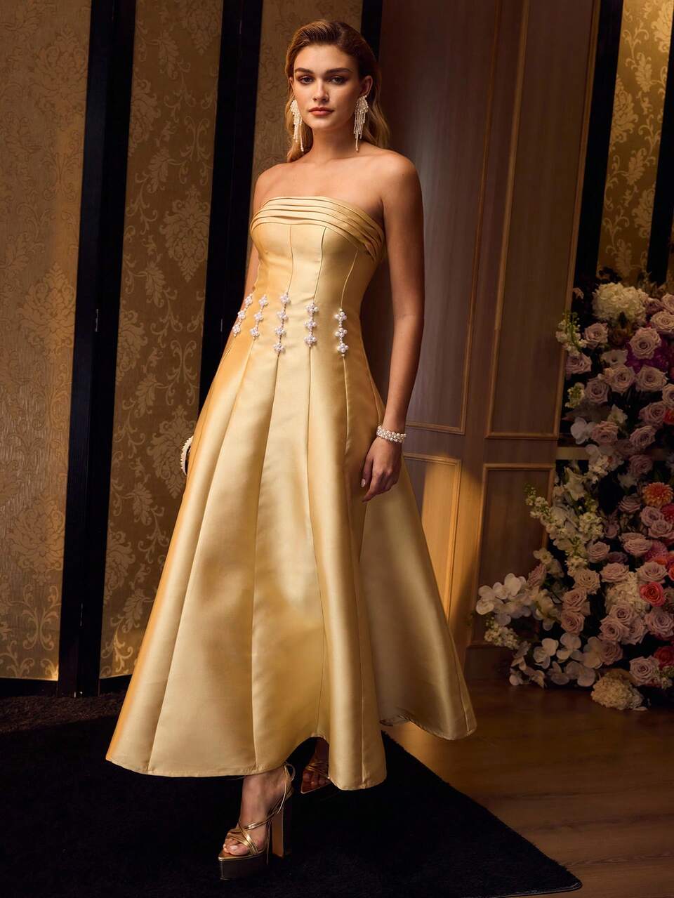MOTF Soiréza FORM-FITTING STRAPLESS MAXI PARTY GOWN, STIFF LUSTROUS FABRIC, CHEST RUCHING & WAIST FAUX PEARL EMBELLISHMENT BACK LACE-UP DESIGN DRESS