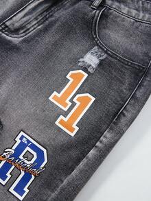 ROMWE MEN Street Life Men's Casual Distressed Letter Print Denim Shorts, Summer - Black - View 6