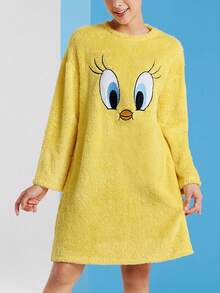 LOONEY TUNES X SHEIN Women Cute Cartoon Expression Embroidery Drop Shoulder Loose Long Sleeves Fuzzy Flannel Sleep Dress, Fall/Winter Christmas Women Fluffy Family Warm Thermal Women Sleepwear Yellow New Years Outfit, Cozy - Yellow - View 8