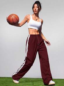 SHEIN Cheerettes 女士休闲运动侧条纹口袋宽松裤 - 紅木色 - 查看 3